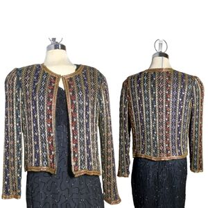 Vintage Stenay Luxury Handmade Green Blue & White 100% Silk jacket Size L